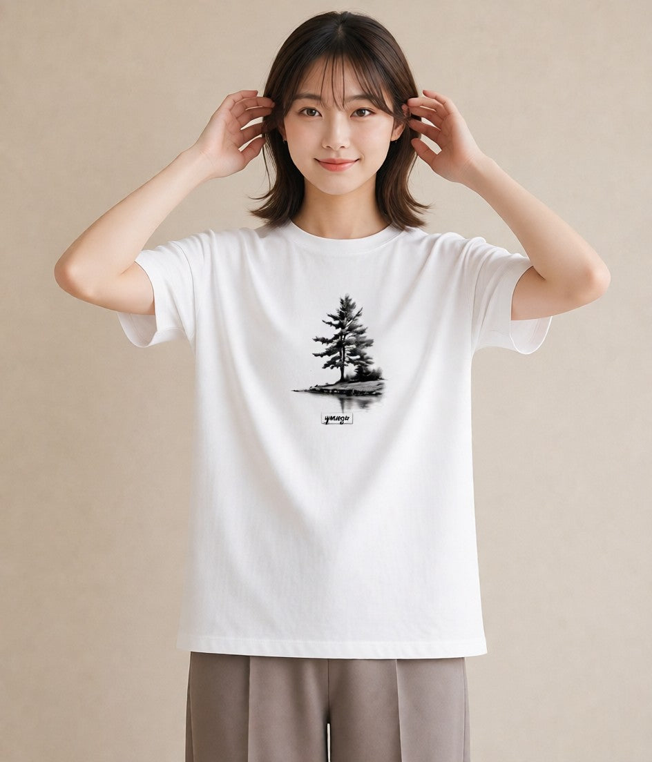 Tシャツ レディース 青の水彩 風景 ブルー ナチュラル アンティーク イラスト 抜け感 春服 ミセス 白T YMAZO