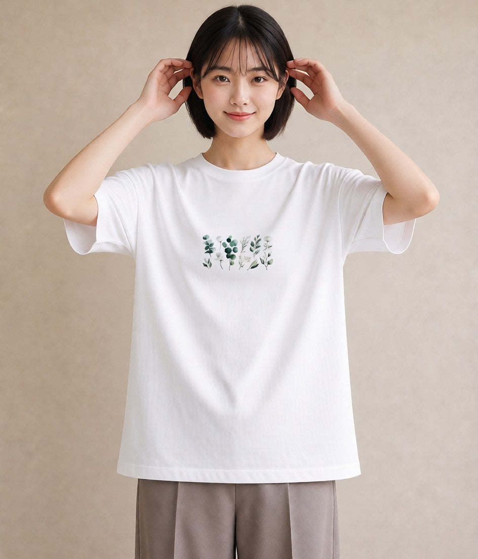 デザインTシャツ レディース ユーカリ 植物 ボタニカル イラスト 淡色 綿100 デート 白T YMAZO