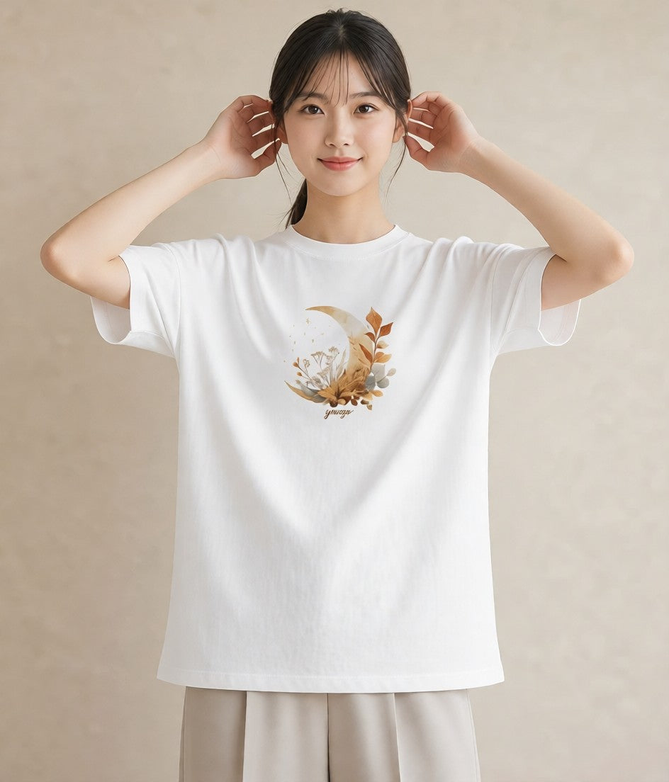 デザインTシャツ レディース 三日月 星空 宇宙 イラスト ラフカジュアル カフェ巡り 女子会 白T YMAZO