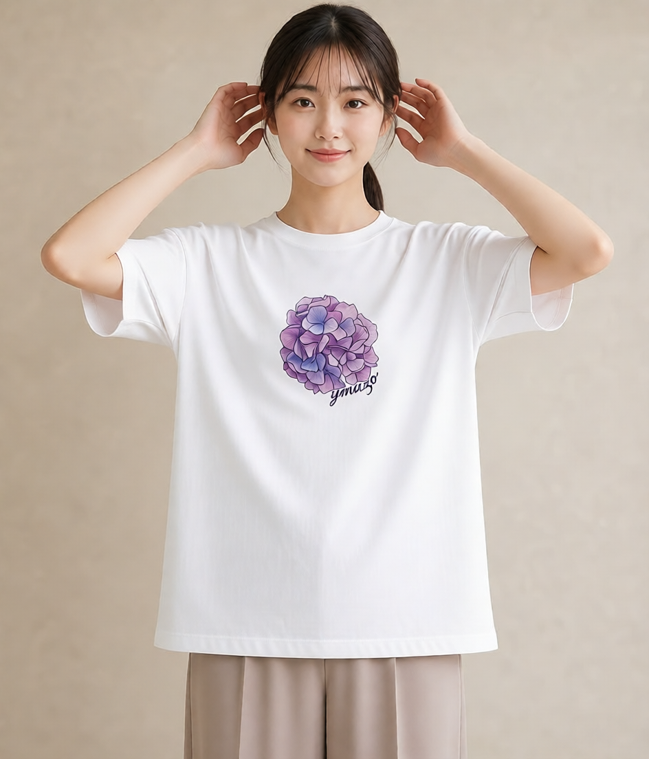 プリントTシャツ レディース あじさい 紫陽花 アジサイ 花 花柄 イラスト ナチュラル 女性 旅行用 白T