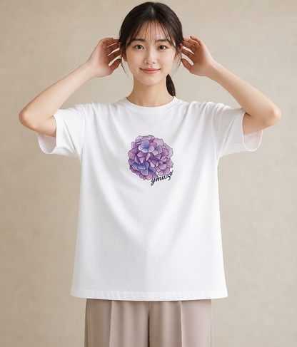 プリントTシャツ レディース あじさい 紫陽花 アジサイ 花 花柄 イラスト ナチュラル 女性 旅行用 白T