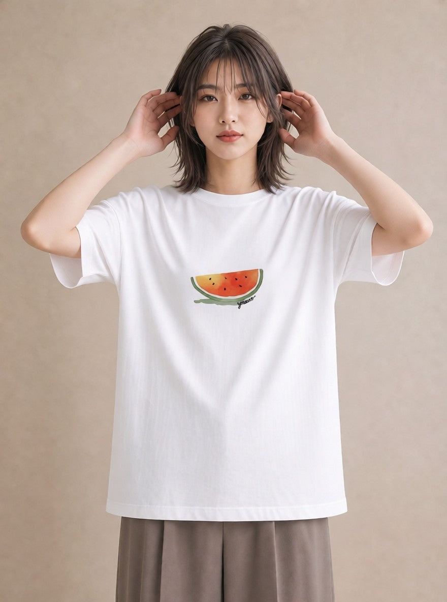 プリントTシャツ レディース メロン 食べ物 フード イラスト レトロ 親子 20代 白T YMAZO