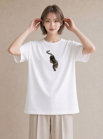 半袖Tシャツ レディース ベンガル 猫 ねこ イラスト カフェコーデ ペアコーデ 秋コーデ 白T YMAZO