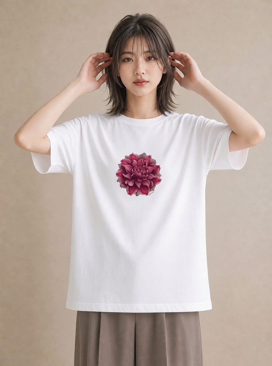 プリントTシャツ レディース 椿 花 花柄 イラスト レトロ ラフ レイヤード 白T YMAZO