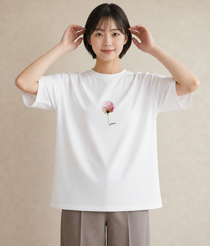 プリントTシャツ レディース ミモザ 花 花柄 イラスト 旅行コーデ カフェ服 クリスマス 白T