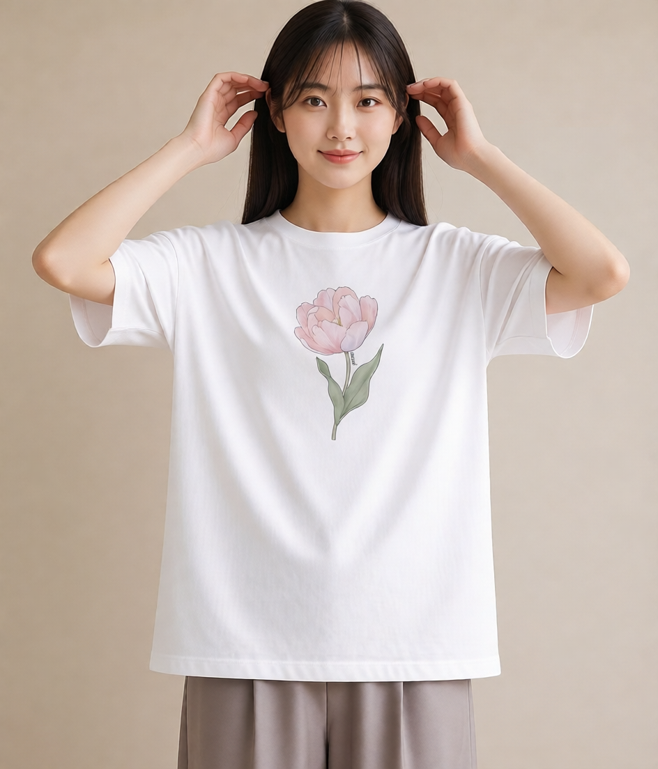 Tシャツ レディース 牡丹 花 花柄 イラスト シック 女子会 お揃い 白T YMAZO