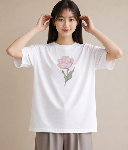 Tシャツ レディース 牡丹 花 花柄 イラスト シック 女子会 お揃い 白T YMAZO