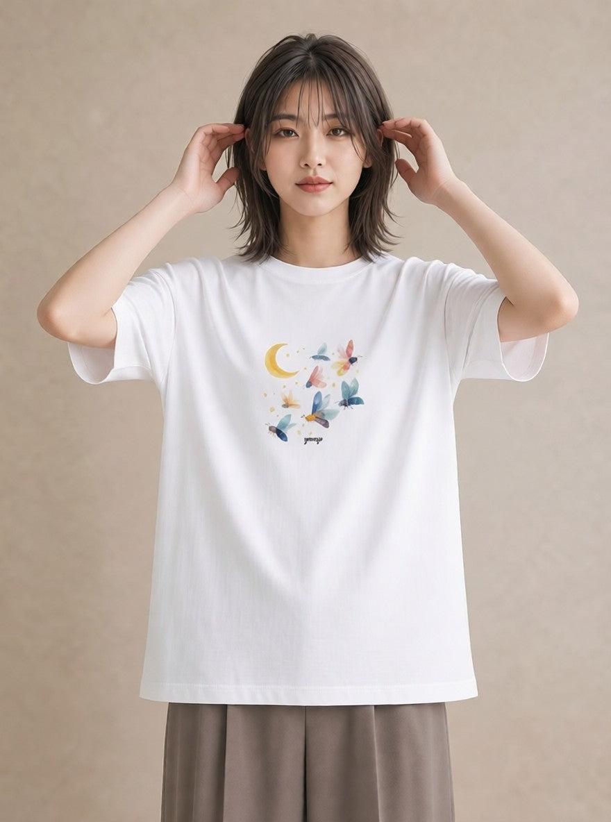 半袖Tシャツ レディース 満月 星空 宇宙 イラスト 上品 散歩 お出かけ 白T YMAZO