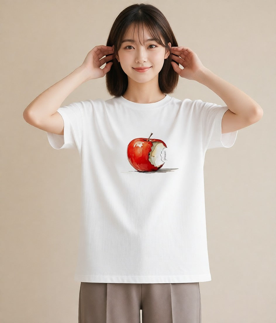 プリントTシャツ レディース りんご 林檎 アップル 食べ物 フード イラスト シンプル 週末コーデ 敬老の日 白T YMAZO