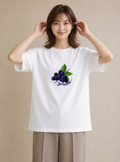 半袖Tシャツ レディース ブルーベリー 食べ物 フード イラスト シック お出かけ 普段着 白T YMAZO