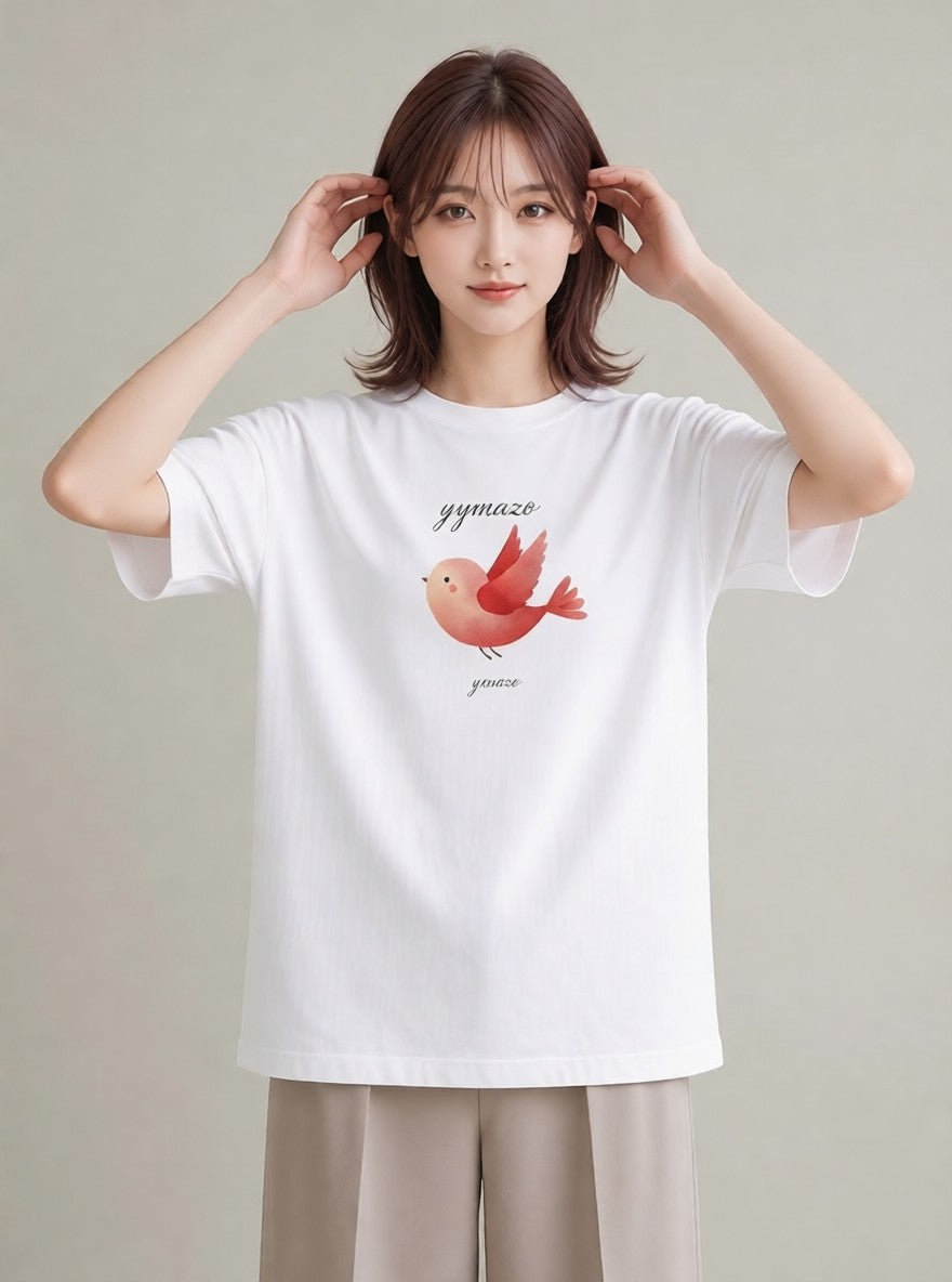 プリントTシャツ レディース 文鳥 ペット 動物 イラスト 線画 ペアコーデ 秋コーデ 白T YMAZO