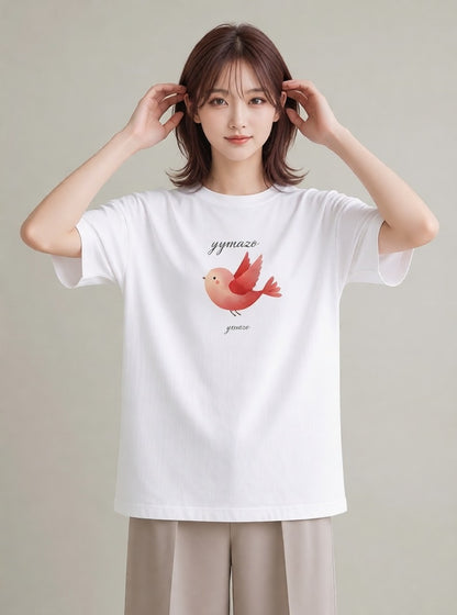 プリントTシャツ レディース 文鳥 ペット 動物 イラスト 線画 ペアコーデ 秋コーデ 白T YMAZO