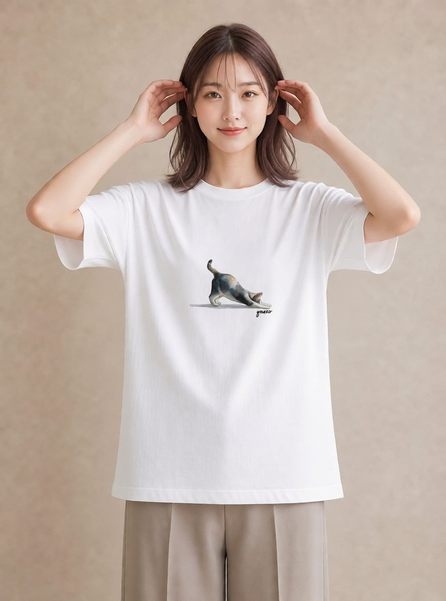 半袖Tシャツ レディース おすわり猫 猫 ねこ イラスト 淡色 送別ギフト 通勤 白T YMAZO