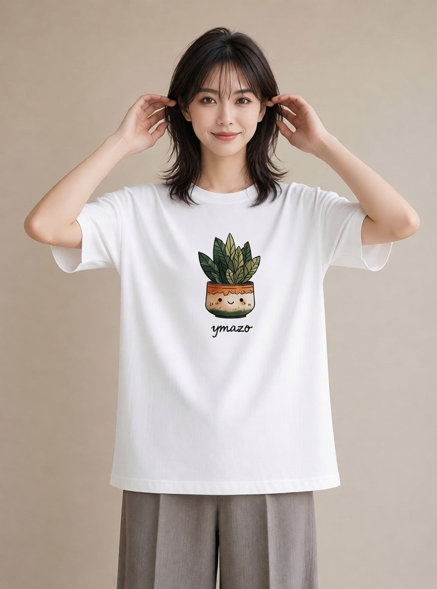 デザインTシャツ レディース サボテン 植物 ボタニカル イラスト 休日コーデ ママ カフェ服 白T YMAZO