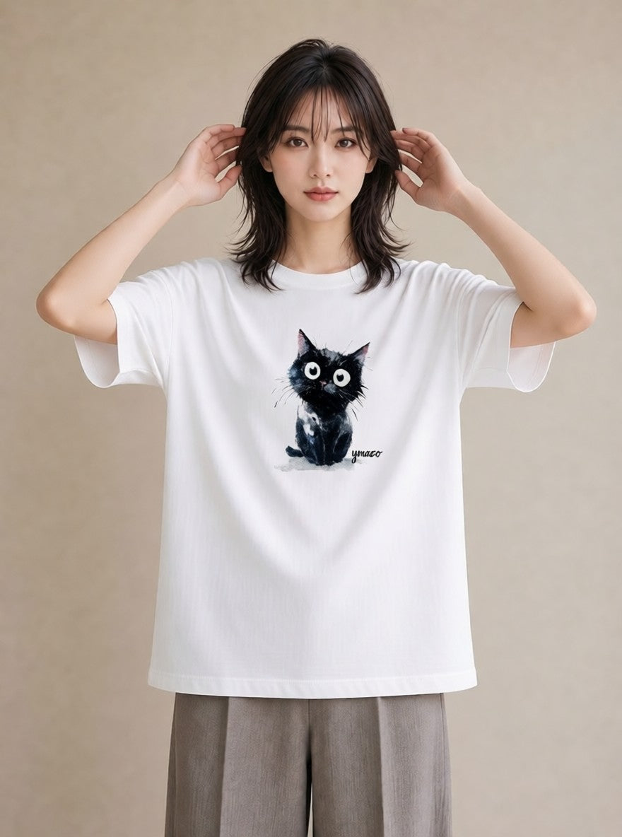デザインTシャツ レディース ハチワレ 白黒猫 猫 ねこ イラスト 手描き風 母娘コーデ 自分用 白T YMAZO