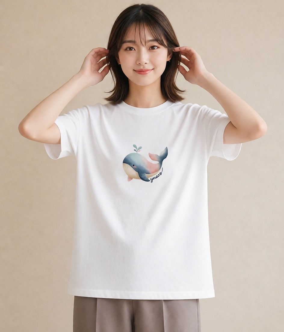 Tシャツ レディース イルカ 海の生き物 海 イラスト 抜け感 送別ギフト 通勤 白T YMAZO