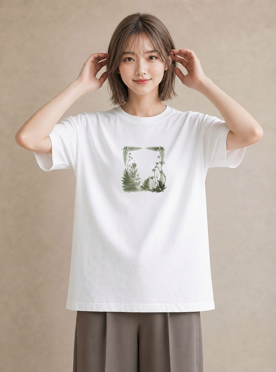 半袖Tシャツ レディース シダ 植物 ボタニカル イラスト ナチュラル 夏コーデ 通学 白T YMAZO