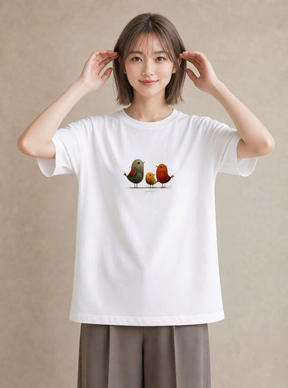 Tシャツ レディース 遠い家と鳥 風景 鳥 ナチュラル アンティーク イラスト シック 公園 ママ 白T YMAZO
