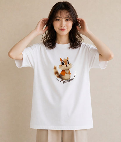 デザインTシャツ レディース リス ペット 動物 イラスト きれいめカジュアル 在宅 公園 白T YMAZO