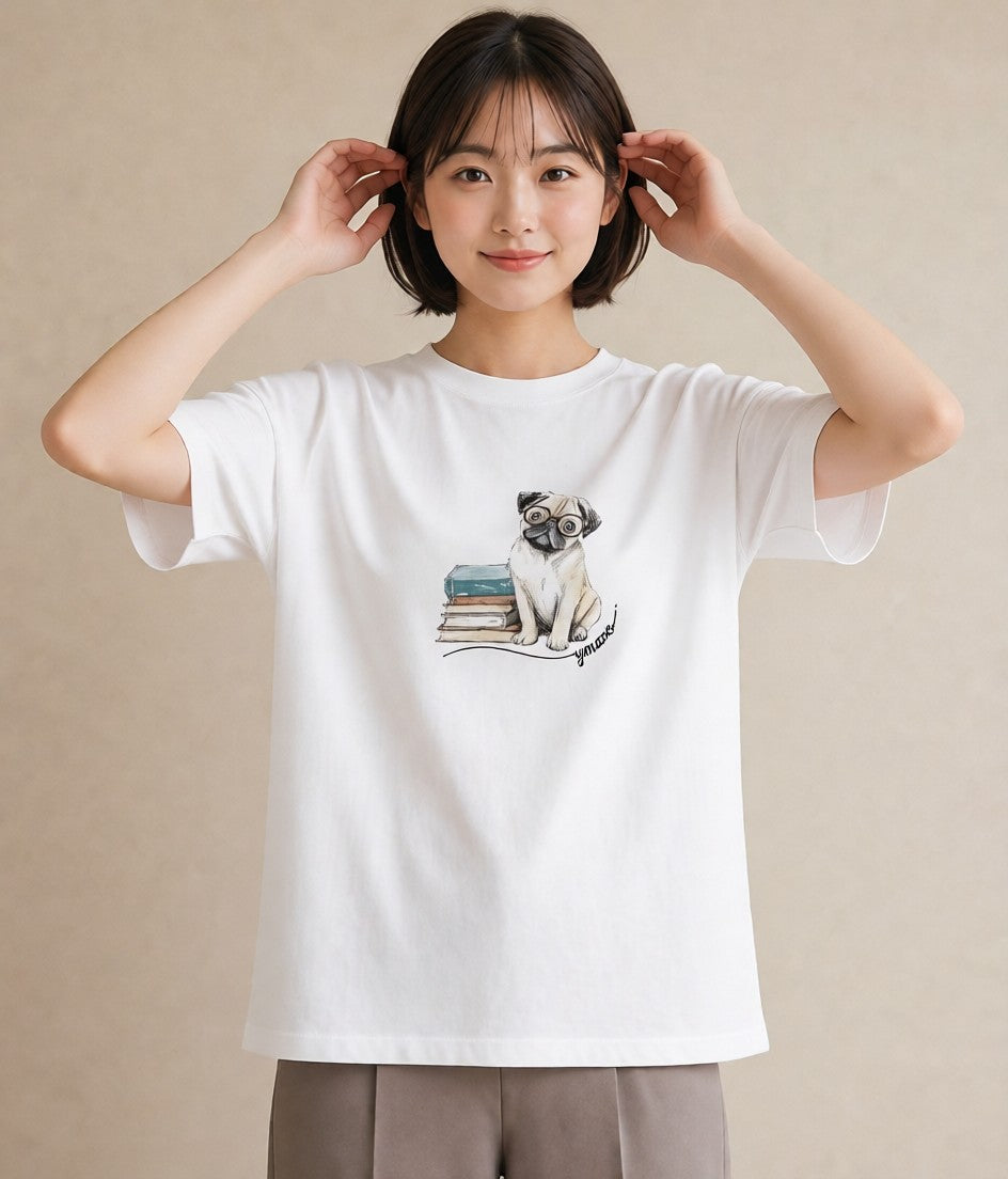 デザインTシャツ レディース パグ 犬 いぬ イラスト 韓国風 女子会 お揃い 白T YMAZO