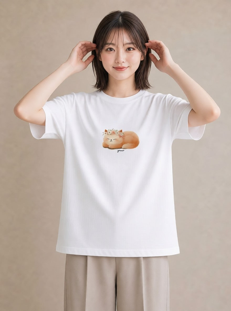 デザインTシャツ レディース ニャンコ 猫 ねこ イラスト ゆるかわ 秋コーデ おしゃれギフト 白T YMAZO