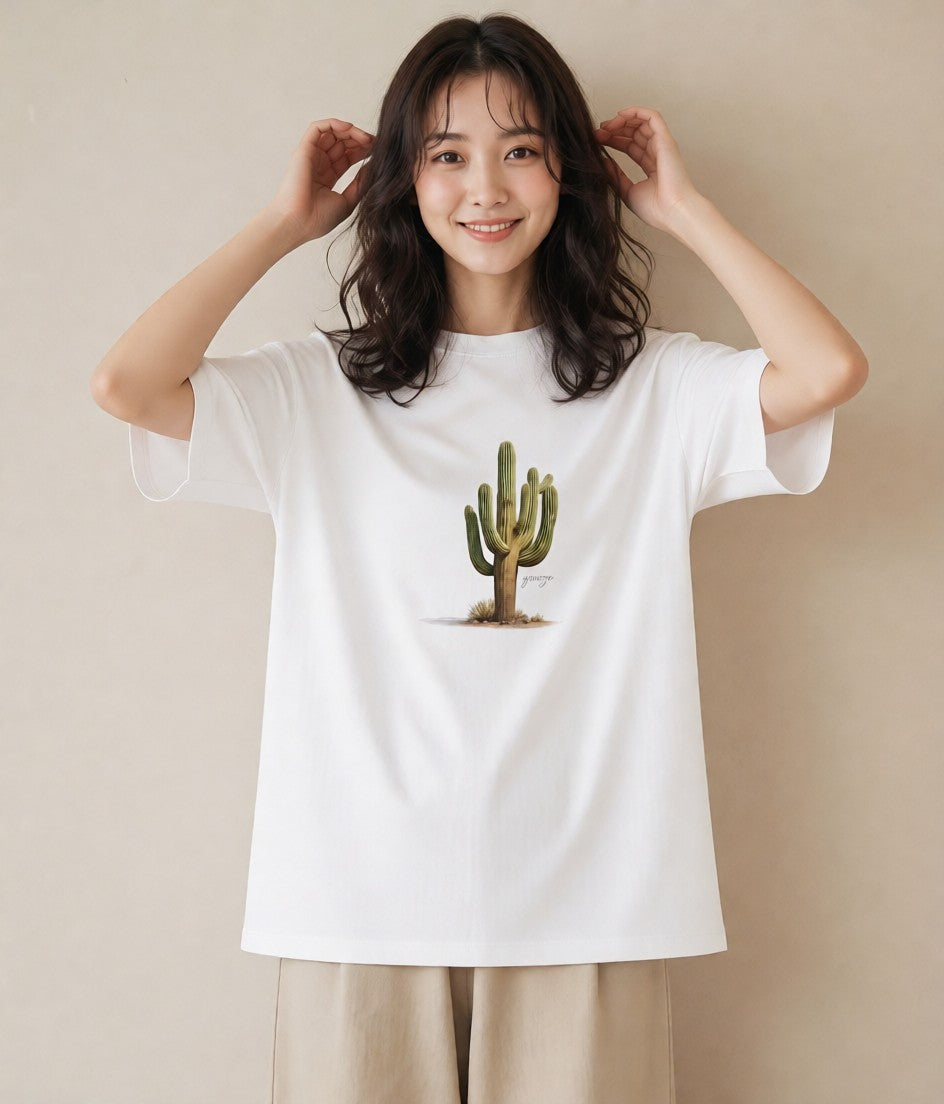 デザインTシャツ レディース サボテン 植物 ボタニカル イラスト フェミニン 買い物 夏コーデ 白T YMAZO