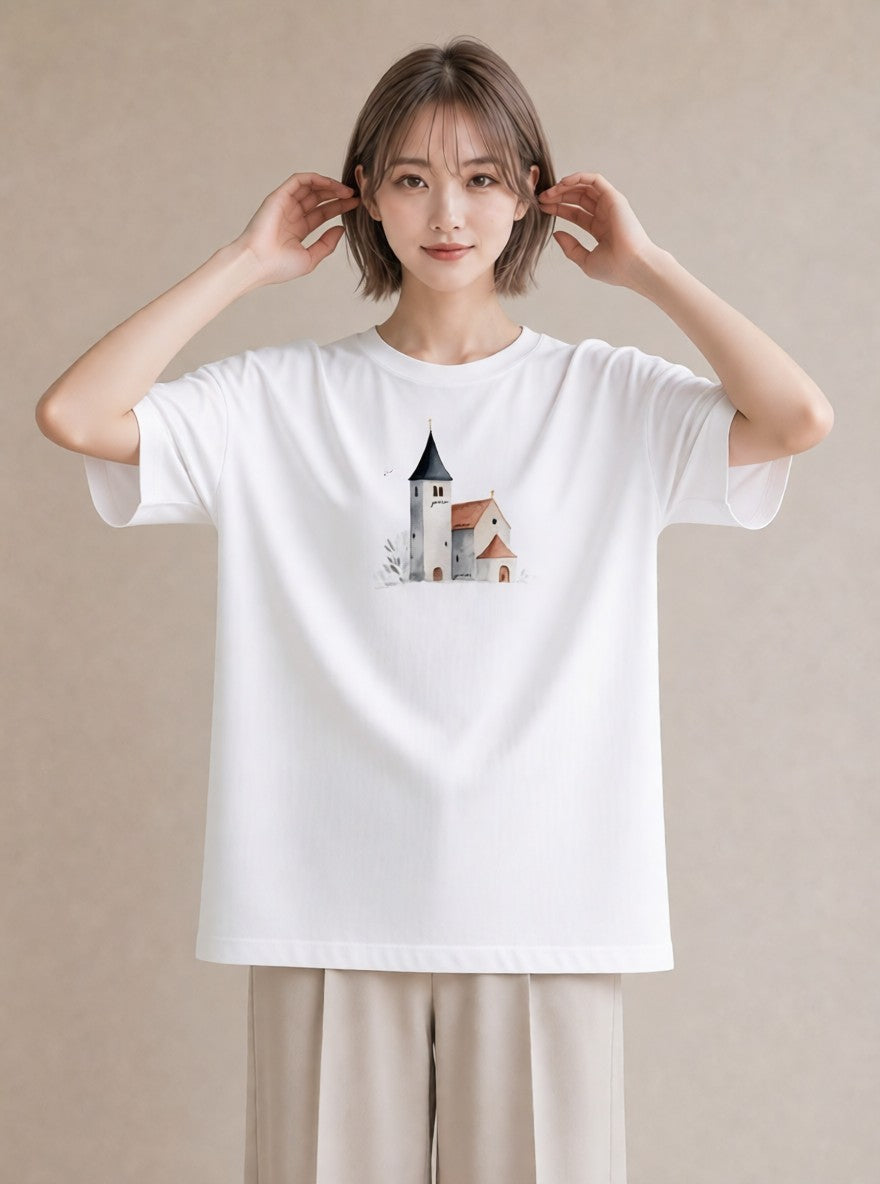 Tシャツ レディース 遠い家と鳥 風景 鳥 ナチュラル アンティーク イラスト ヴィンテージ風 公園 ママ 白T YMAZO
