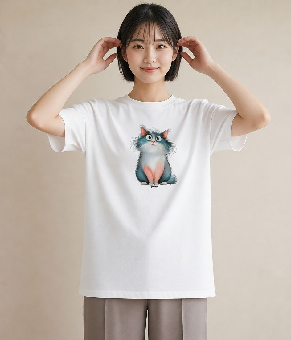 Tシャツ レディース ロシアンブルー 猫 ねこ イラスト こなれ感 ホワイトデー 春服 白T YMAZO