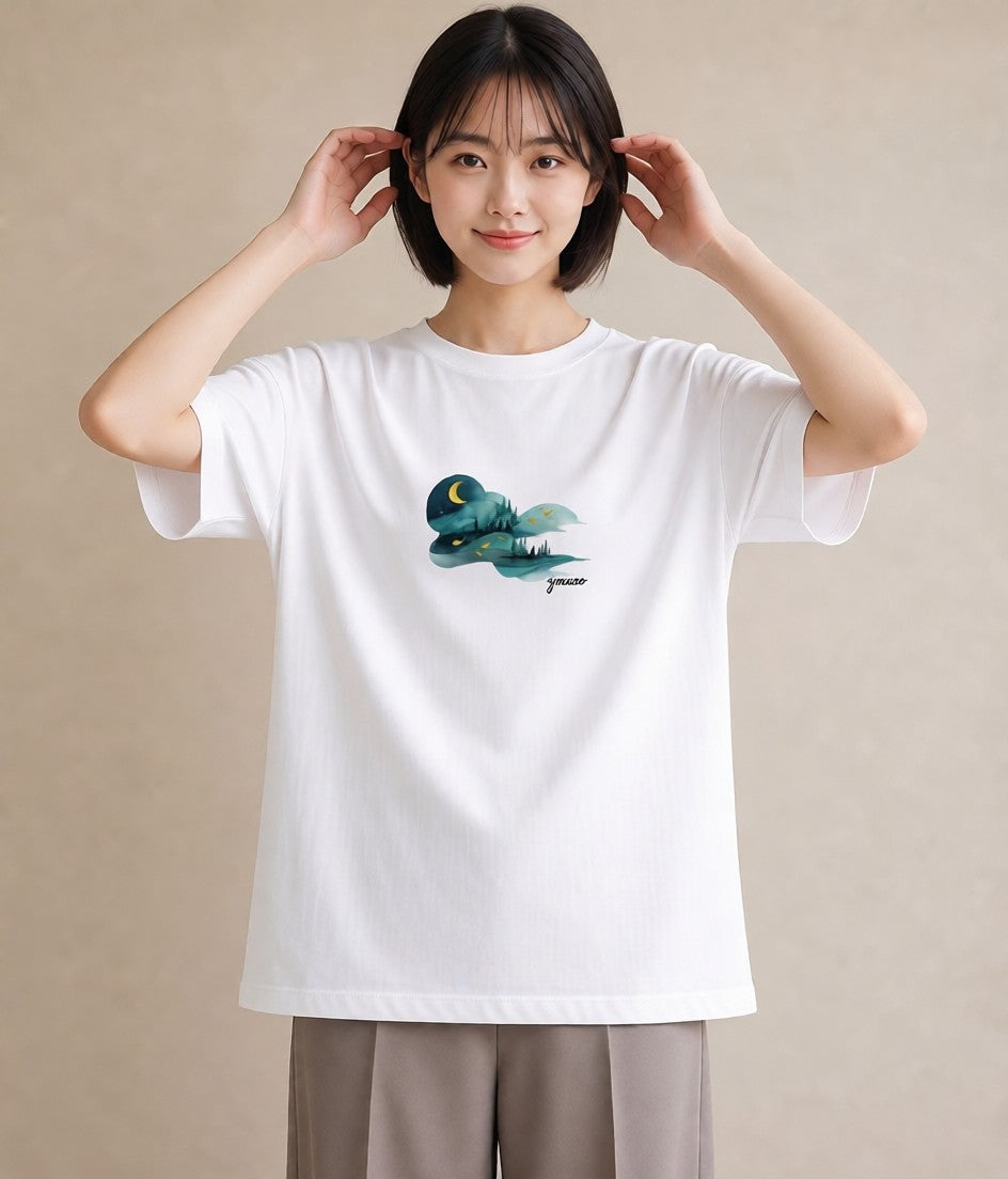 Tシャツ レディース オーロラ 星空 宇宙 イラスト 北欧風 帰省 ラフ 白T YMAZO