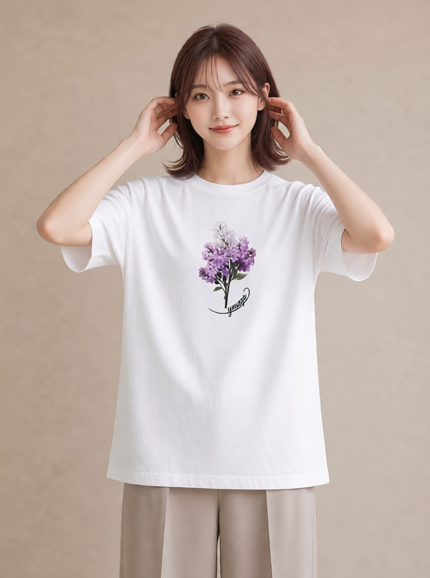 プリントTシャツ レディース ラベンダー 花 花柄 イラスト ガーリー 春服 ミセス 白T YMAZO