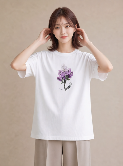 プリントTシャツ レディース ラベンダー 花 花柄 イラスト ガーリー 春服 ミセス 白T YMAZO