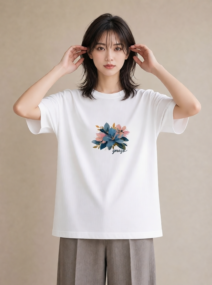 グラフィックTシャツ レディース 花 花柄 イラスト きれいめ 自分用 ルームウェア 白T YMAZO