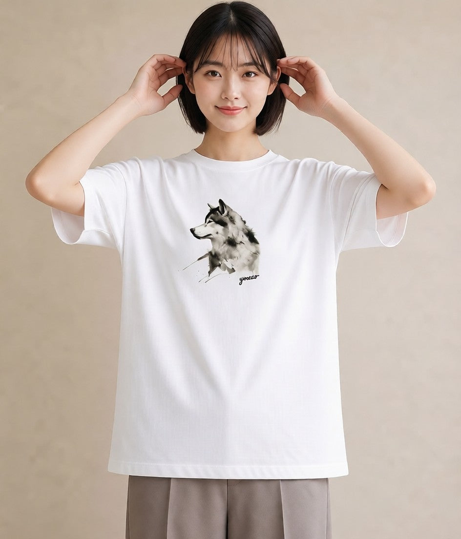 グラフィックTシャツ レディース シベリアンハスキー 犬 いぬ イラスト アート風 在宅 公園 白T YMAZO