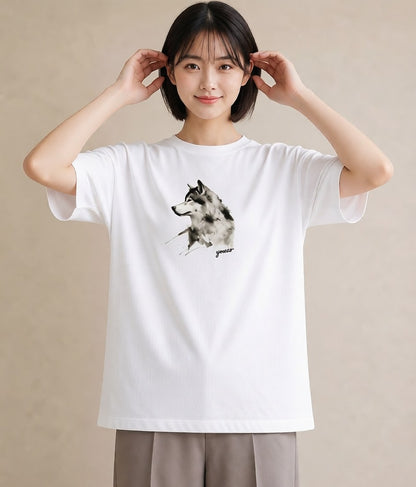 グラフィックTシャツ レディース シベリアンハスキー 犬 いぬ イラスト アート風 在宅 公園 白T YMAZO