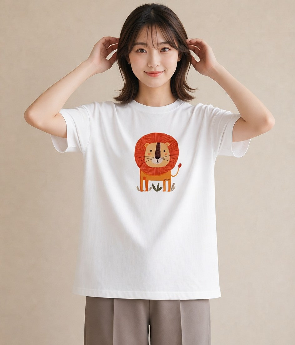 プリントTシャツ レディース ライオン 動物 アニマル イラスト 可愛い デイリーウェア 休日 白T YMAZO