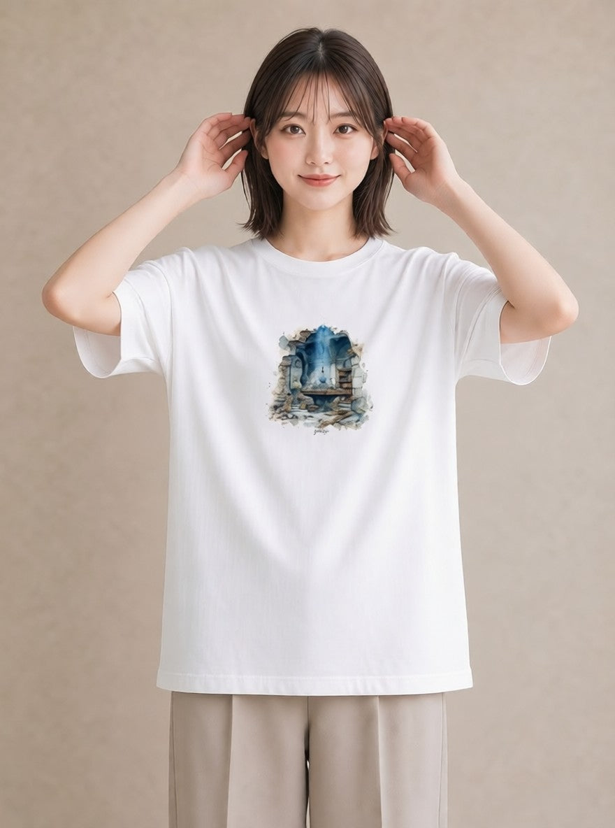 プリントTシャツ レディース 駅のホーム ローカル線 駅 ナチュラル アンティーク イラスト 韓国風 海 カフェ巡り 白T YMAZO
