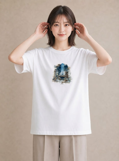 プリントTシャツ レディース 駅のホーム ローカル線 駅 ナチュラル アンティーク イラスト 韓国風 海 カフェ巡り 白T YMAZO