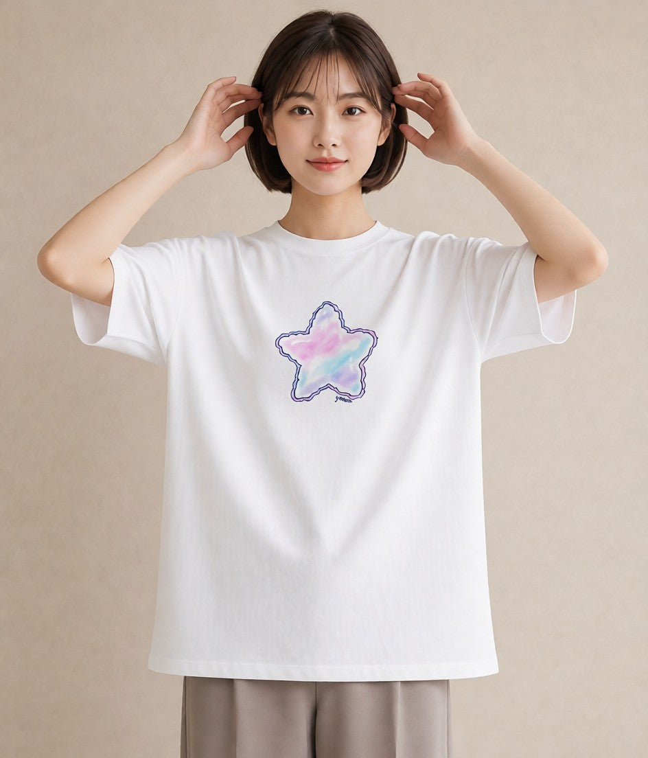 グラフィックTシャツ レディース 流れ星 星空 宇宙 イラスト 手描き風 自分用 ルームウェア 白T YMAZO