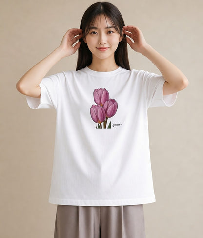 グラフィックTシャツ レディース チューリップ 花 花柄 イラスト シック 友達ギフト 部屋着 白T YMAZO