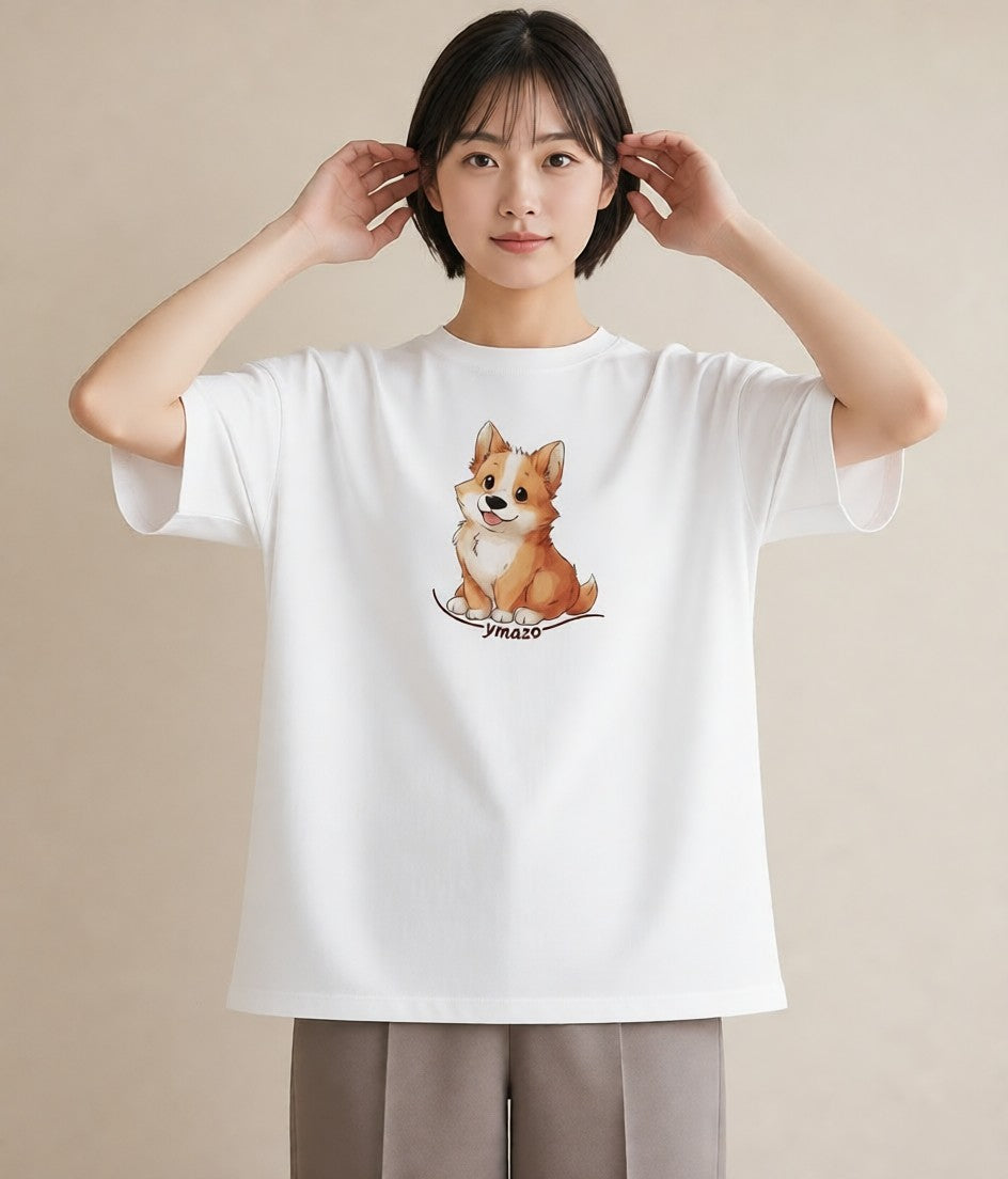 グラフィックTシャツ レディース ウェルシュコーギー コーギー 犬 いぬ イラスト 線画 自分用 ルームウェア 白T YMAZO
