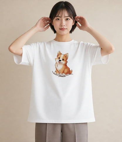 グラフィックTシャツ レディース ウェルシュコーギー コーギー 犬 いぬ イラスト 線画 自分用 ルームウェア 白T YMAZO