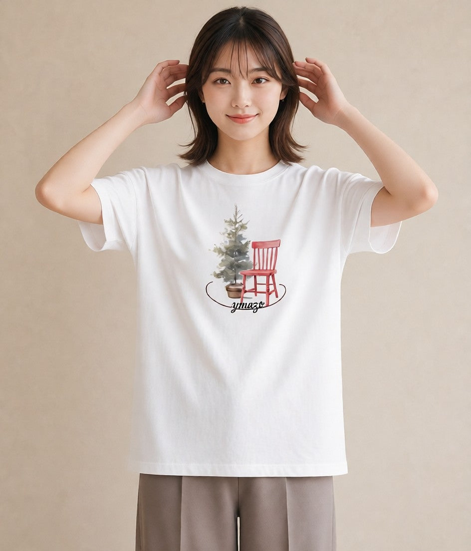 デザインTシャツ レディース 窓辺の椅子 窓辺 椅子 ナチュラル アンティーク イラスト こなれ感 通学 誕生日プレゼント 白T YMAZO