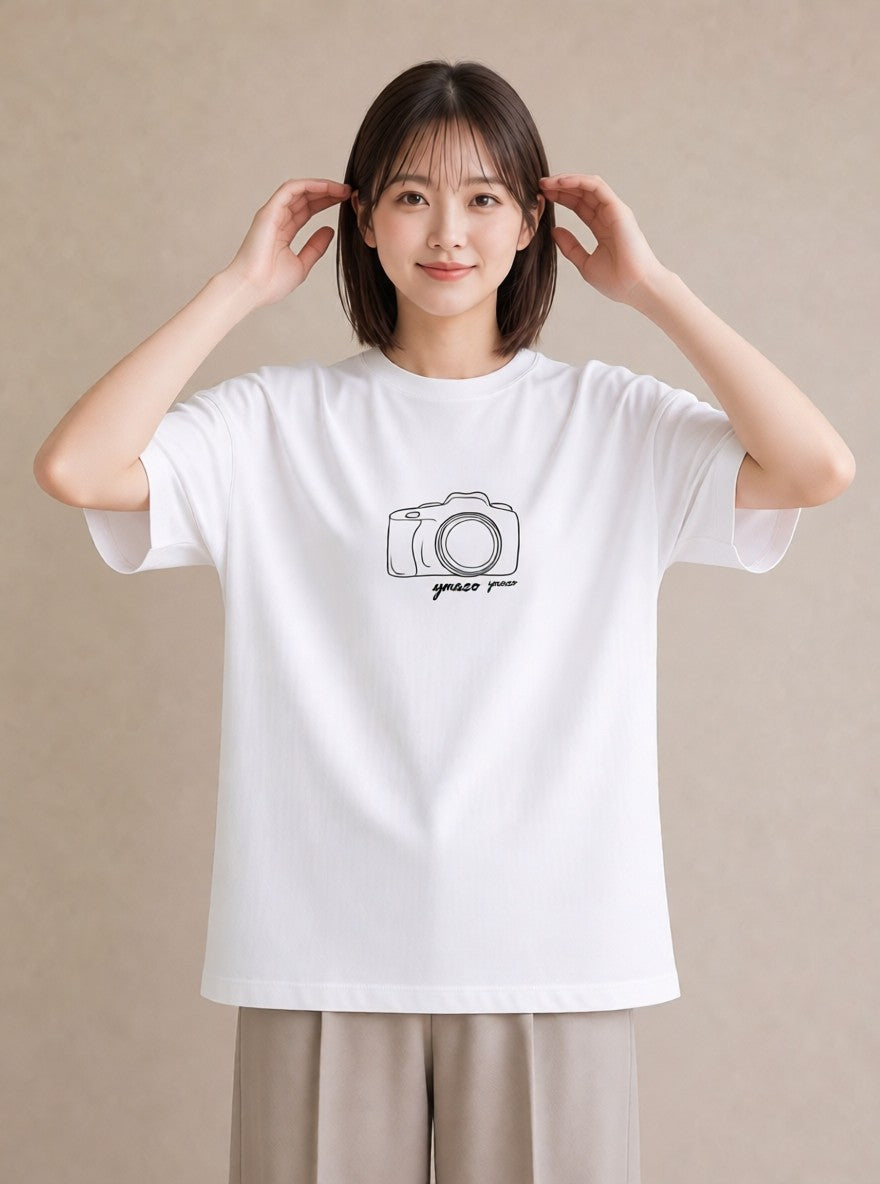 デザインTシャツ レディース カメラ フィルムカメラ レトロカメラ イラスト フェミニン ルームウェア ギフト 白T YMAZO