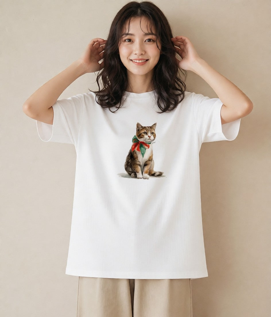 Tシャツ レディース スコティッシュフォールド 猫 ねこ イラスト ミニマル カフェ服 クリスマス 白T YMAZO