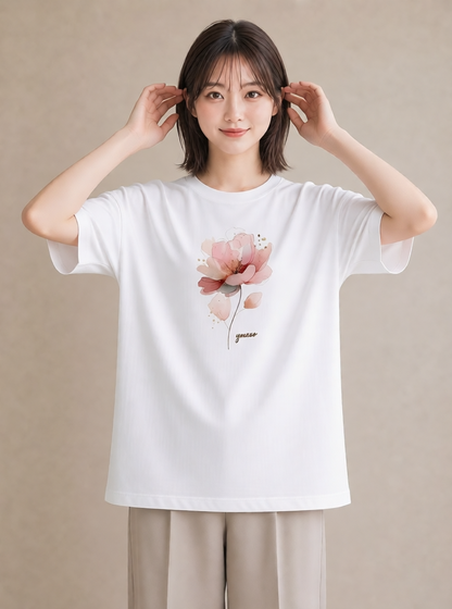 プリントTシャツ レディース 椿 花 花柄 イラスト 抜け感 送別ギフト 通勤 白T