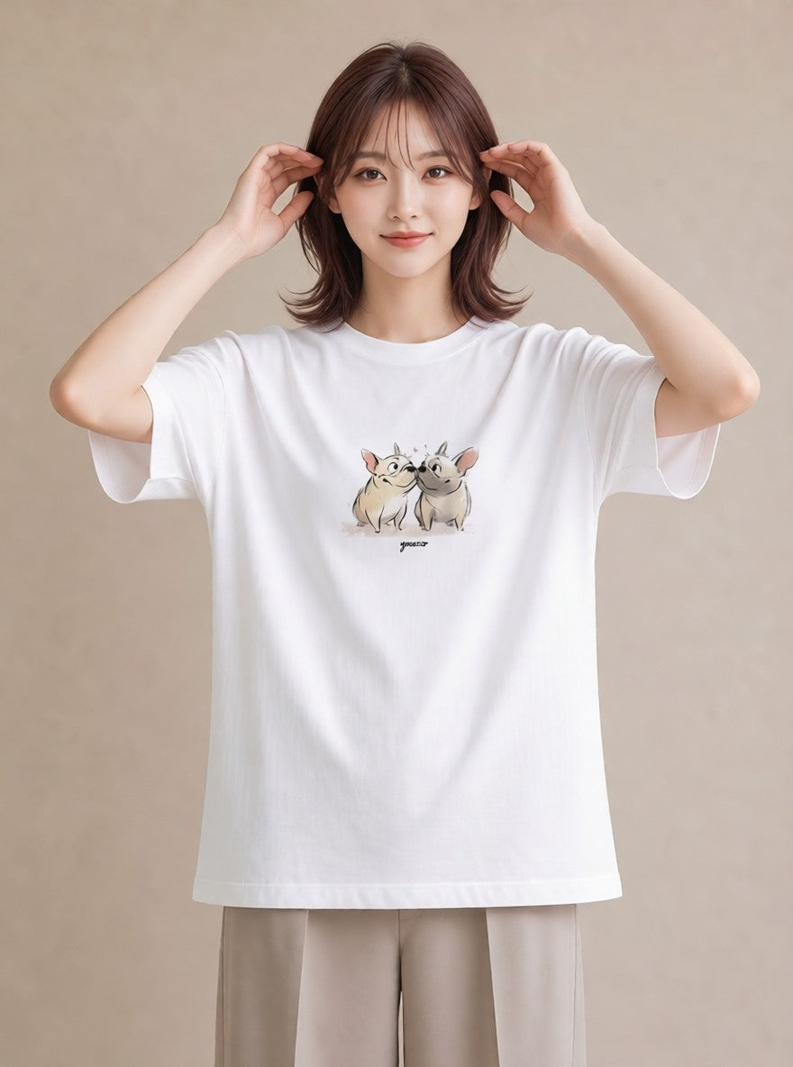 プリントTシャツ レディース フレンチブルドッグ フレブル 犬 いぬ イラスト きれいめカジュアル カジュアルコーデ 買い物 白T YMAZO