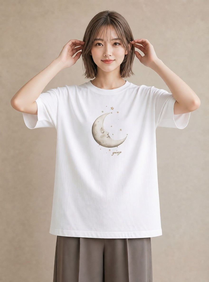 プリントTシャツ レディース 三日月 星空 宇宙 イラスト きれいめ おしゃれギフト 社会人 白T YMAZO