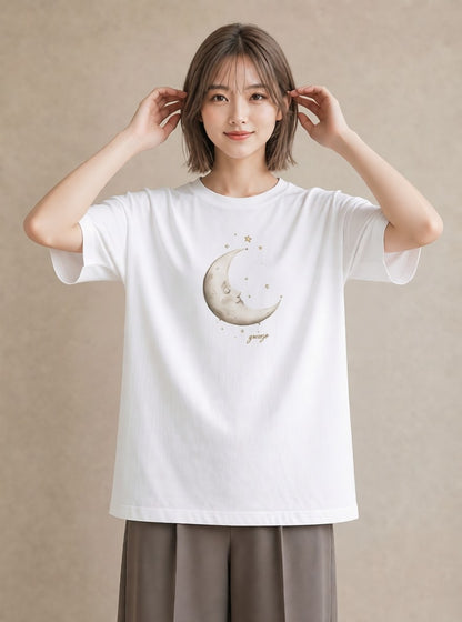 プリントTシャツ レディース 三日月 星空 宇宙 イラスト きれいめ おしゃれギフト 社会人 白T YMAZO