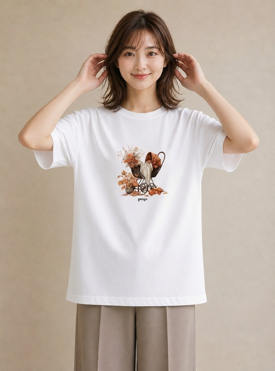 グラフィックTシャツ レディース 自転車のかご 自転車 花かご ナチュラル アンティーク イラスト 上品 女性向けギフト 散歩 白T YMAZO