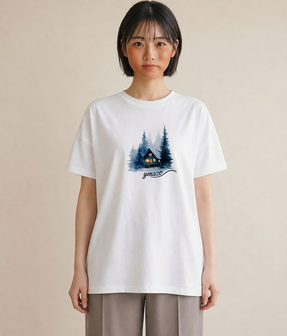 プリントTシャツ レディース 湖畔の小屋 湖 小屋 ナチュラル アンティーク イラスト 線画 ペアコーデ 秋コーデ 白T YMAZO